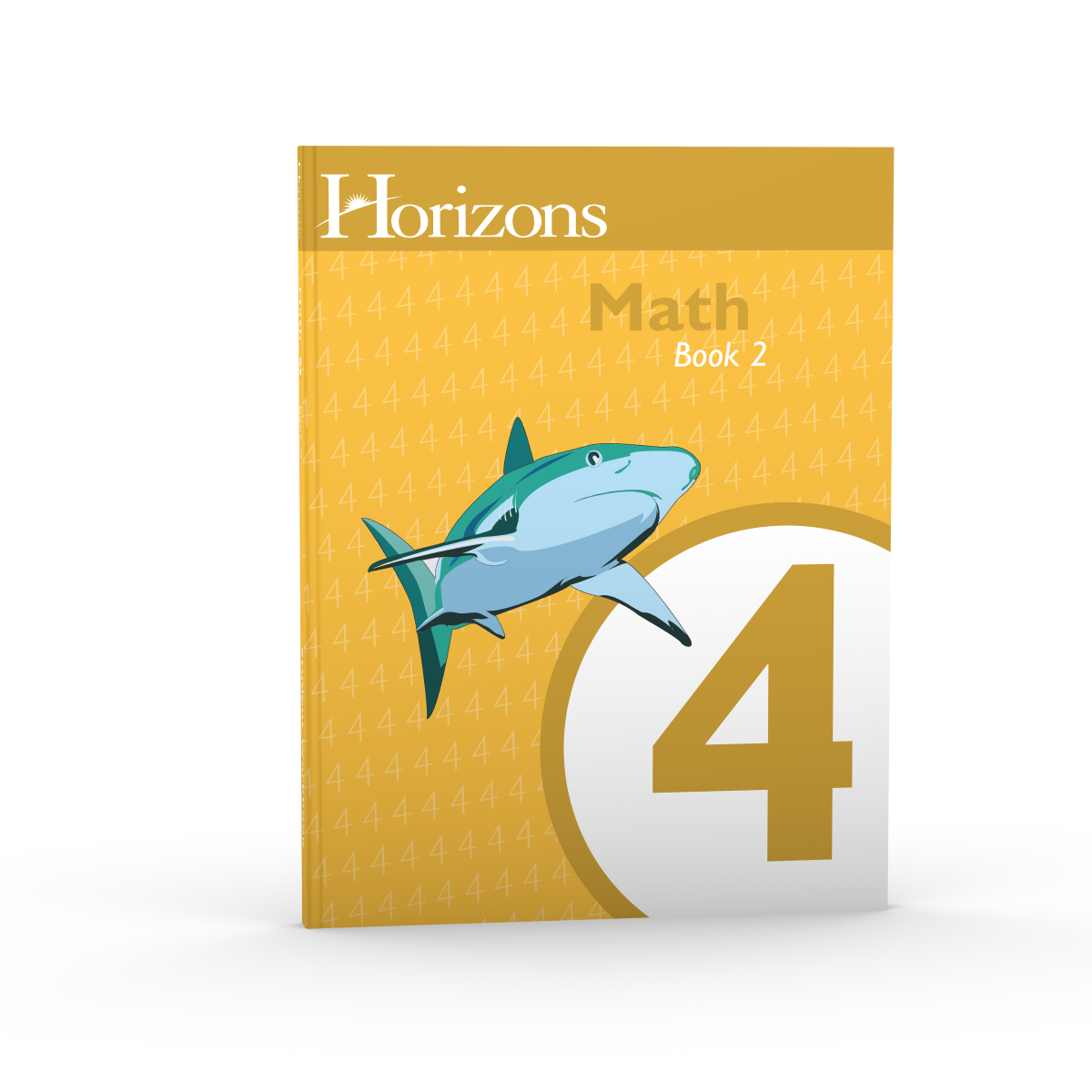 a yellow and orange book with a shark and a white circle