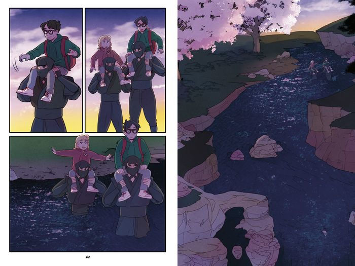 a comic book page of a man carrying a child on his back
