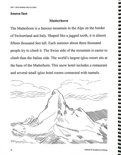 a page of a notebook with a mountain and text